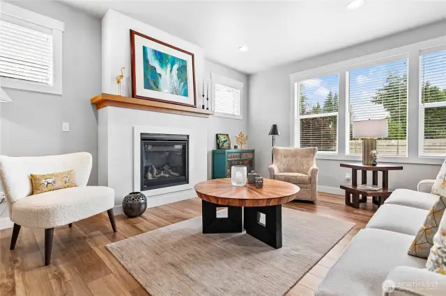 Beautiful laminate wood flooring throughout living areas - great size living room flooded w/natural light