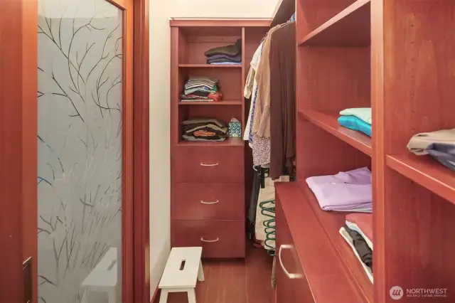 Gorgeous built ins in the walk in closet.