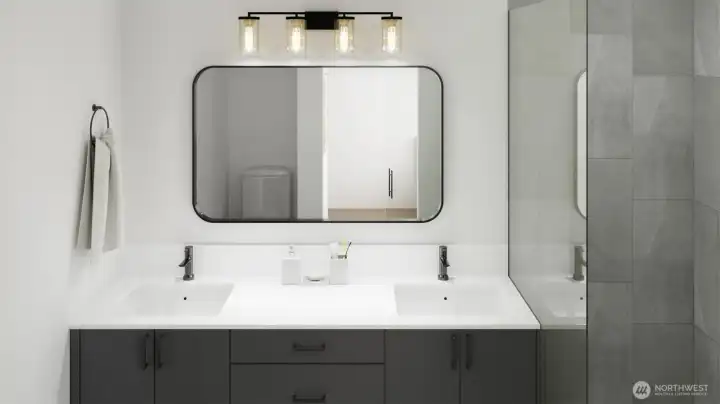 Modern vanity with sleek, minimalist finishes. (digital renderings)