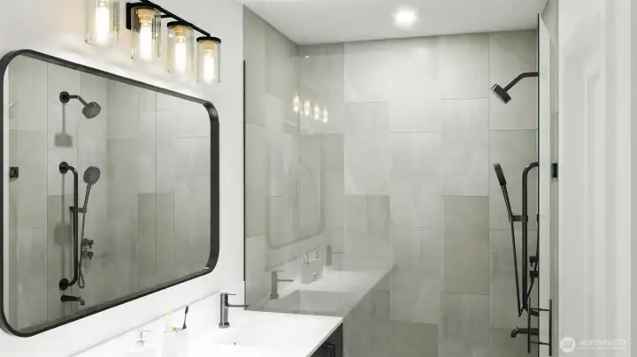 Seamless glass shower and contemporary lighting. (digital renderings)