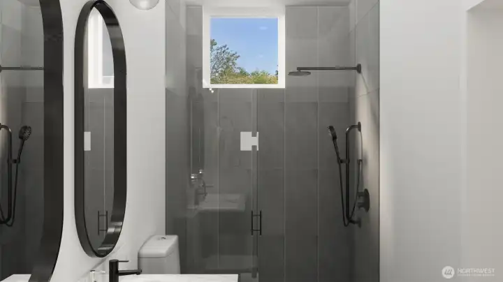 Luxury walk-in shower with vertical tile detail. (digital renderings)
