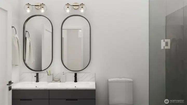 Contemporary bathroom design with ample light. (digital renderings)