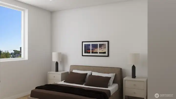 Modern bedroom layout with a view. (digital renderings)