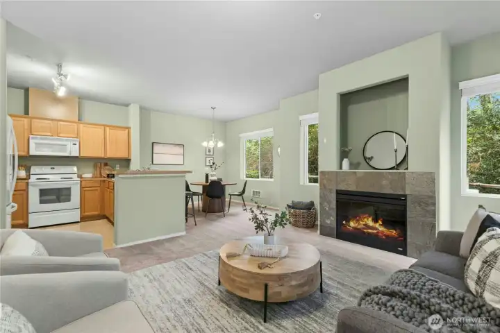 Living room looking into kitchen