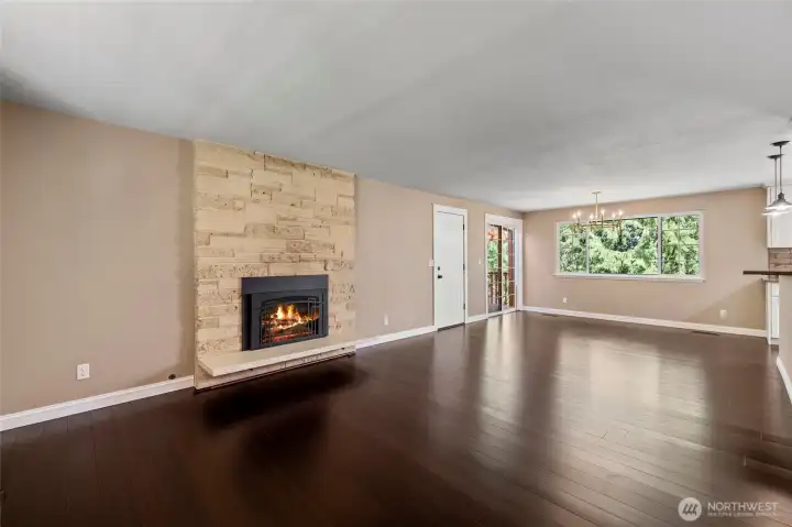 Living room dining area.  The bamboo floors are dark brown.