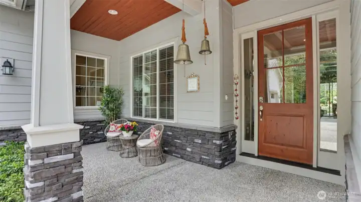 Large welcoming porch with room for decorations and cozy sitting area- tongue and groove pine soffit above Large welcoming porch with room for decorations and cozy sitting area- tongue and groove pine soffit above