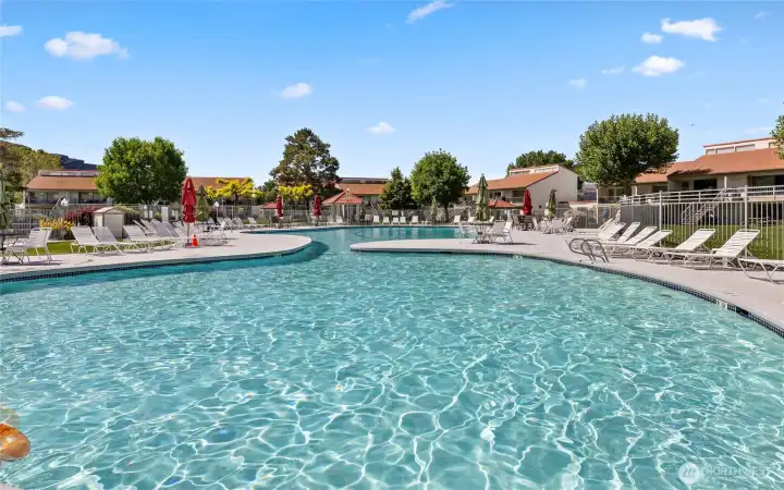 Very large pool/hot tub with plenty of areas to sunbathe on chaise lounge chairs Very large pool/hot tub with plenty of areas to sunbathe on chaise lounge chairs