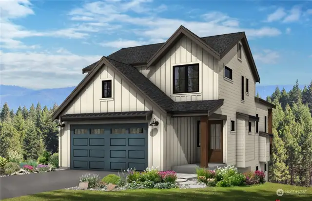 The Naches plan shown in the "Farmhouse" elevation. {Rendering only, subject to change. }