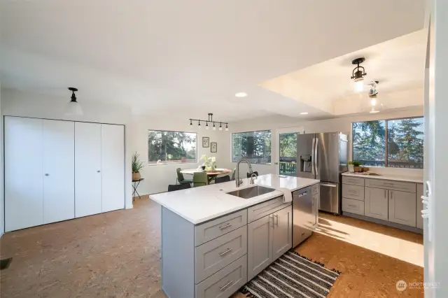 Spacious new kitchen with cork floors.