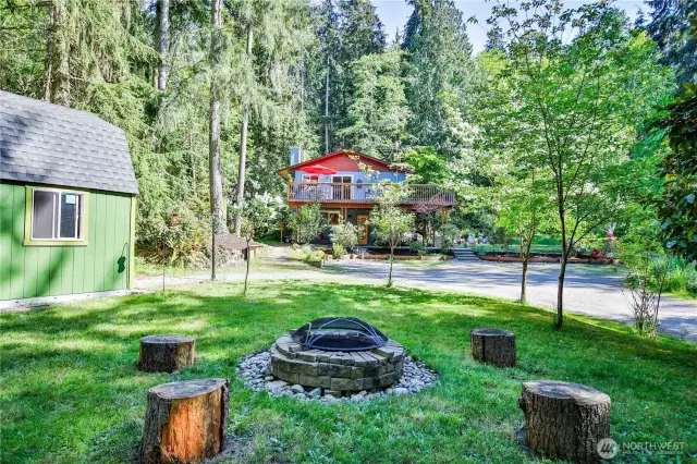fire pit with large shed / workshop