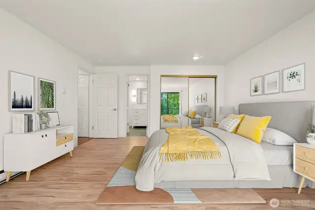Main floor primary bedroom, virtually staged