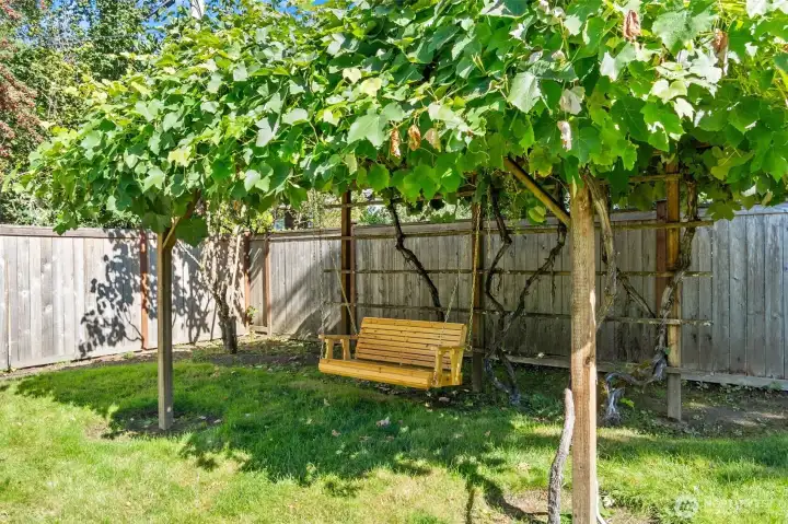 Arbor with swing is more than just a sweet place to talk, sip, or reminisce...
