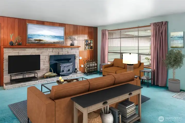 Large living room with sandstone fireplace and insert staged virtually.