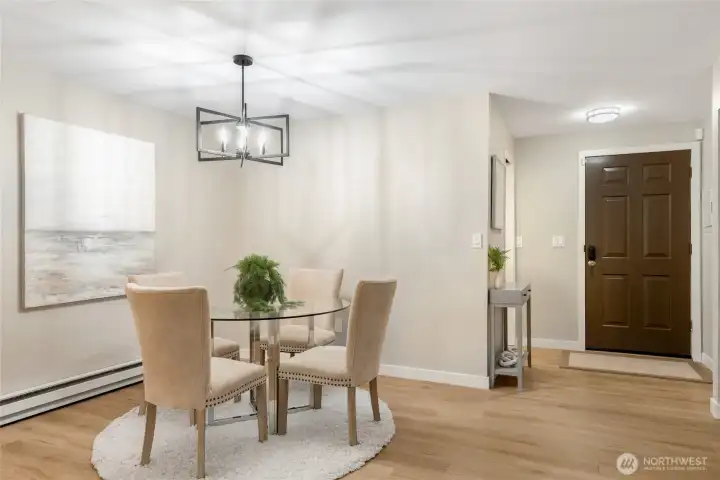 Dining space with new overhead lighting.