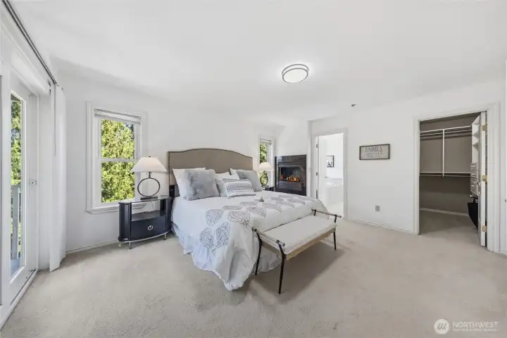 Primary bedroom with double-sided gas fireplace.
