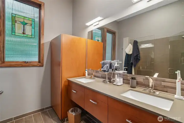Heated floors in primary bathroom.