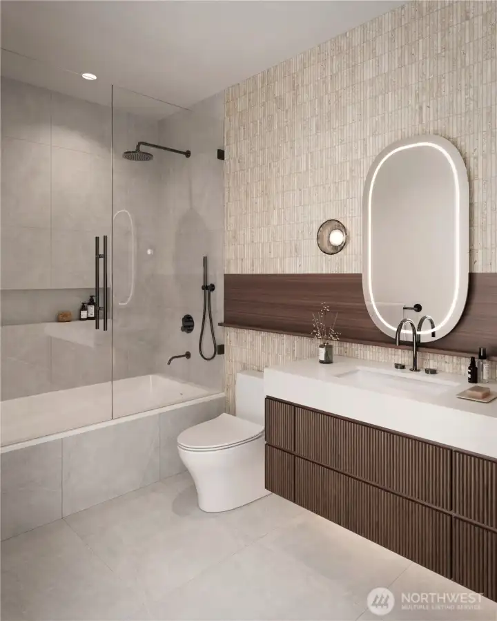Cantilevered soft-close fluted wood veneer cabinets with undercabinet lighting, undermount sink with polished quartz vanity top, custom illuminated vanity mirror, wall sconce with wood wall detailing, and dark chrome Dornbracht faucets and fixtures.