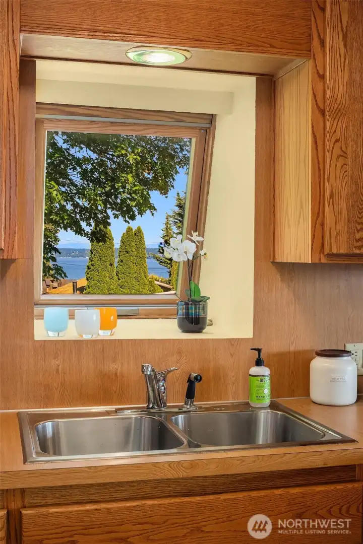 Greenhouse window gives peek views of the east passage, too! You will catch sight of the big ships coming through Puget Sound.