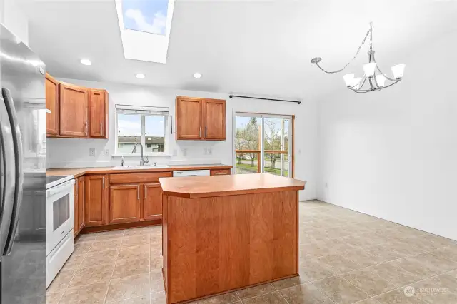 Kitchen view from the top of the stairs