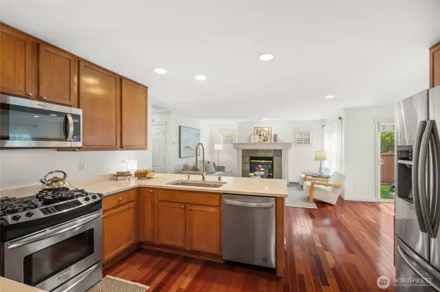 Stainless appliances complement this ktichen.