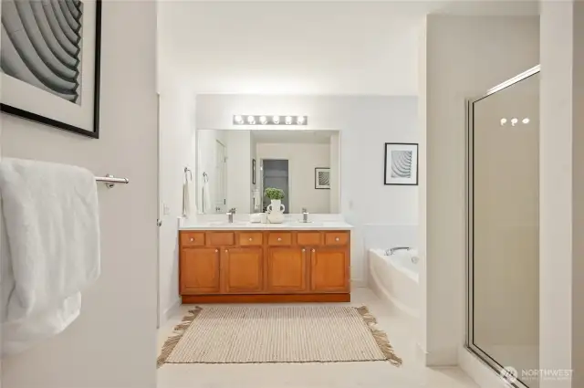 The primary bath has a dual sink vanity, soaking tub, and separate shower.