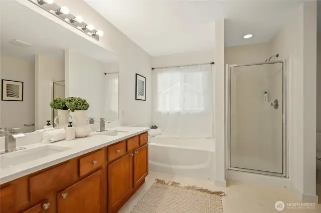 Another view of the primary bath. With quartz counters