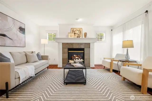 A fireplace in the family room invites relaxation.