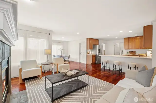 The family room connects seamlessly with the kitchen and casual dining area.