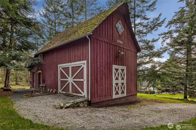 Upland lot features barn and garden. Use the upstairs barn room as an office or bedroom, downstairs storage or entertaining.