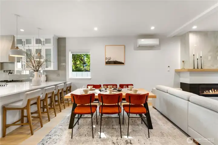 Dining area with kitchen eating bar.