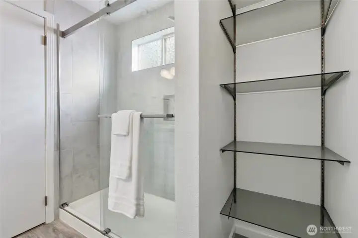 Updated bathroom with modern shower tiles and stylish finishes.