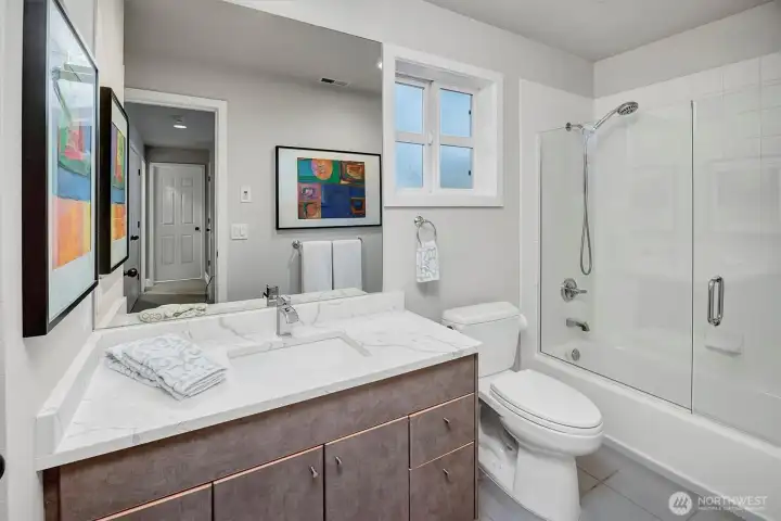 New quartz counters, Toto toilet, sink and faucet