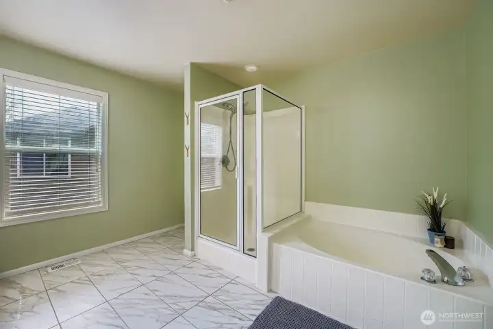 Large Primary Bathroom with shower and soaking tub