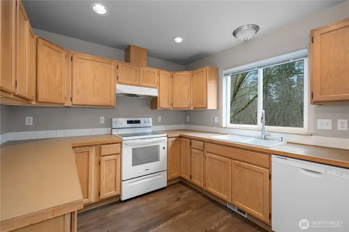 Plenty of workspace available and a great view of the backyard/open space from kitchen window.