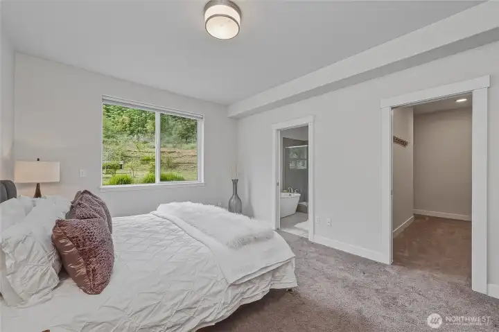 The primary suite has a full-length walk-in closet to the right, and bathroom is door on the left.