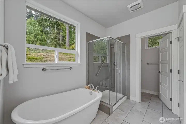 Primary suite bathroom includes this amazing soaking tub, and a walk-in shower. The water closet is behind the door.