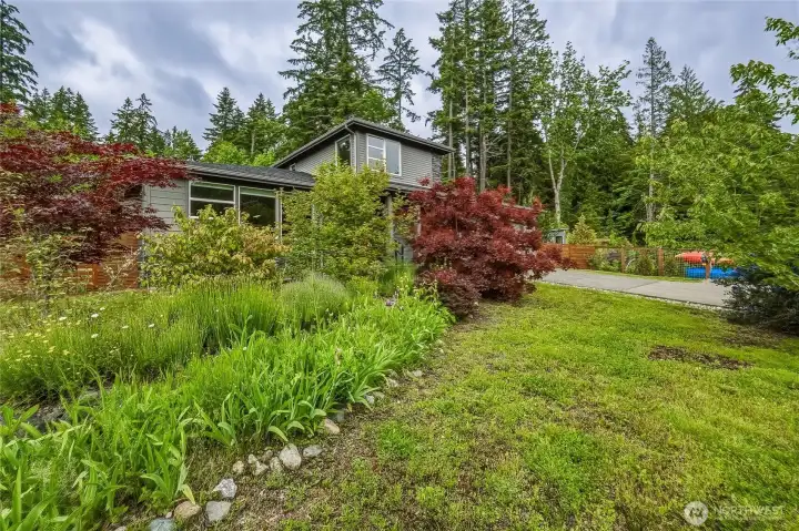 A view of the front garden shows a grassy area, and layers of plantings shielding the view from the road.
