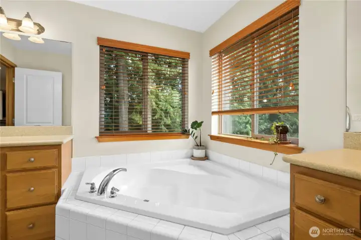 Deep soaking tub overlooking the back yard. Two sinks with ample storage cabinets