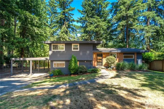 Charming midcentury modern front entry nestled among the lush trees of Squak Mountain.