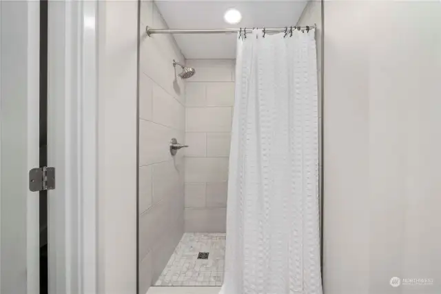 Recently updated shower in the lower-level bathroom.