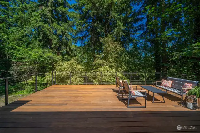 Large backyard with mature trees and a spacious deck for al fresco dining.