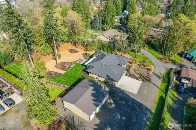 Aerial of 40x36 Shop and 2,334sf One Level Ranch