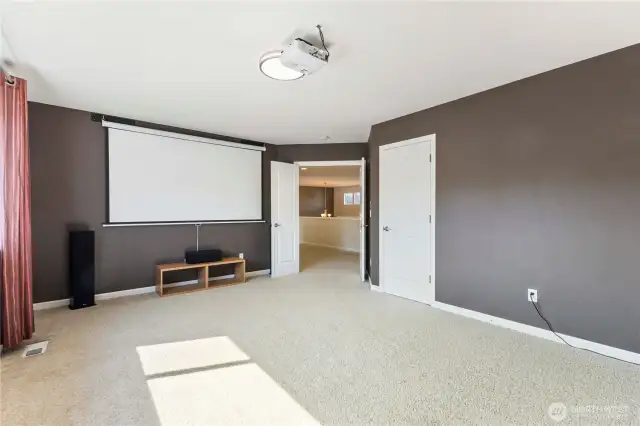 Enjoy movie nights or game days in the dedicated media room, complete with a screen and equipment ready to go. Located on the second floor, this versatile space also features a large closet—perfect for storing games, gear, or extra tech.