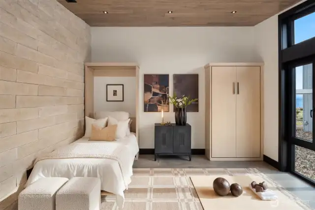 This room offers flex space with two murphy beds from California Closets, Stone Walls and Floor to ceiling windows.