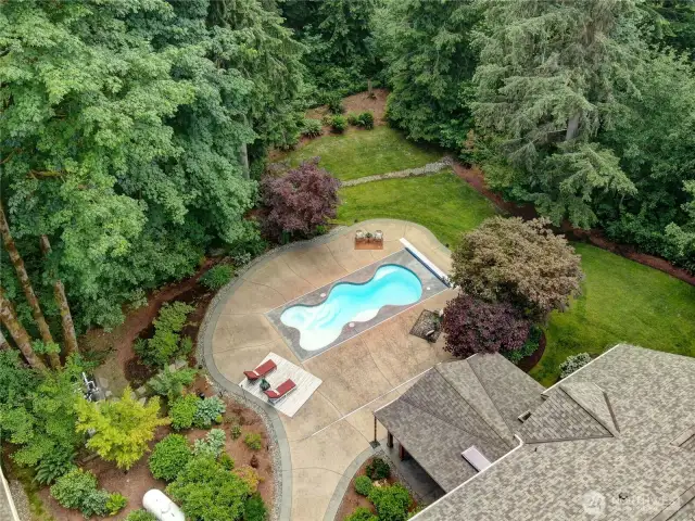 Surrounded by greenery.
