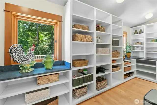 Substantial Walk-through Butler's Pantry with windows, located behind oven.