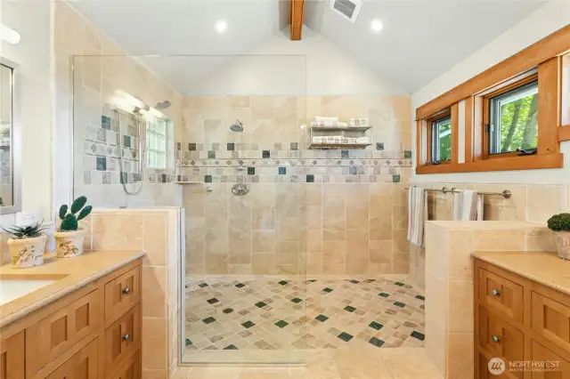 Primary bathroom has vaulted, dual vanities and a massive walk-in, doorless shower with 2 showerheads, a towel rack and windows!