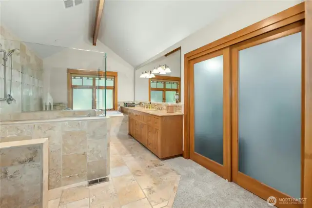 Upper level Jack & Jill luxury bathroom.  Heated floors, 2 walk-in closets, deep jetted tub, spacious walk-in shower with 2 showerheads and dual vanities.