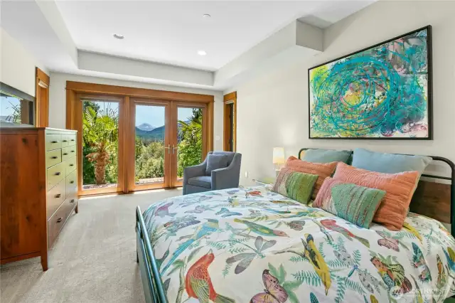 Lower level Bonus Room - Built in storage and Mt Rainier views through the double doors that lead to the Private downstairs Heated Patio.