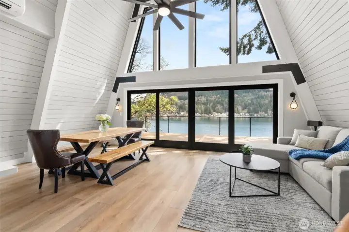 Open concept with gorgeous view of the lake.